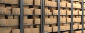Cardboard boxes on storage warehouse shelves background. 3d illustration